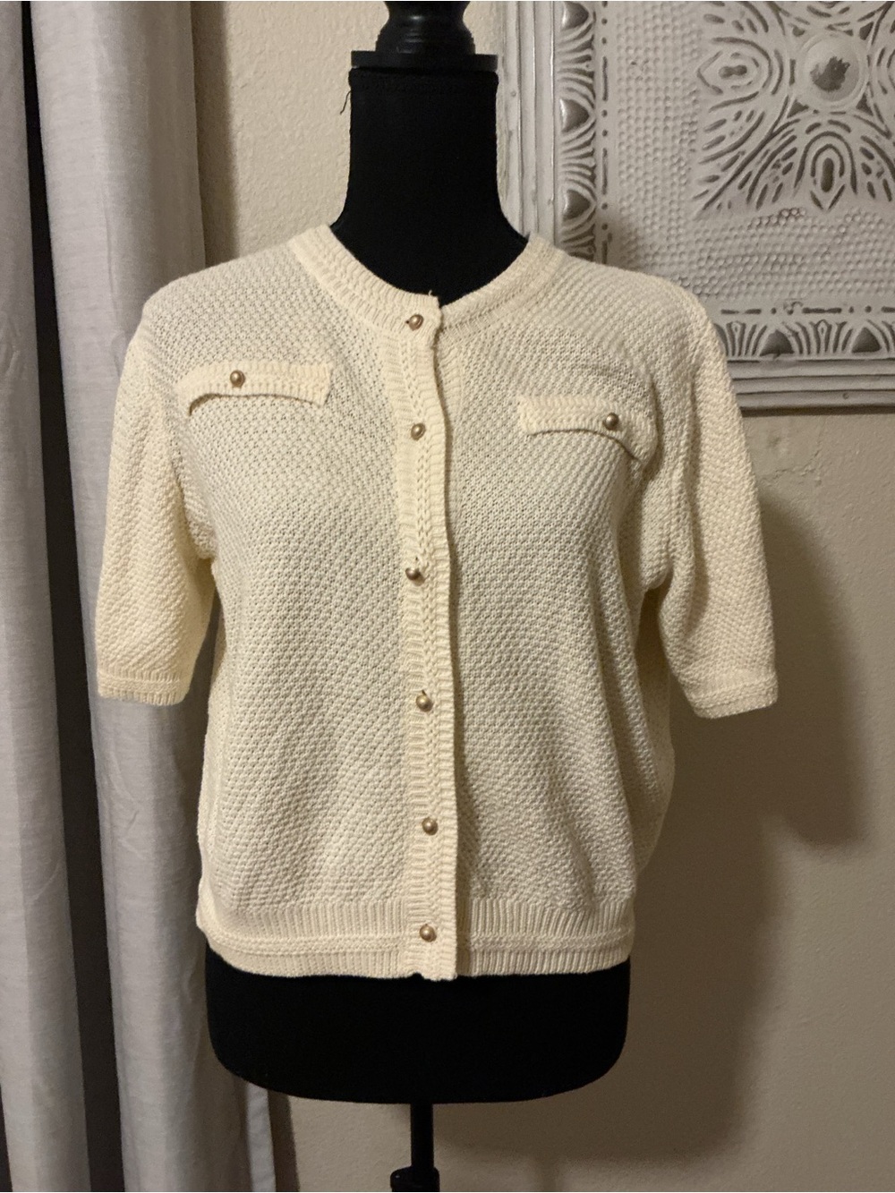 Cream Short-Sleeve Button Front Knit Cardigan